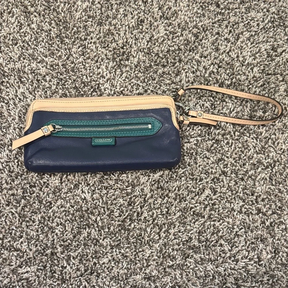 Coach Leather Wristlet Blue, Green & Tan